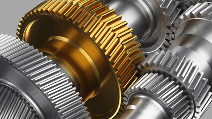 Car gearbox in 3d, gear transmission. Steel and gold gears on the shaft, isolated on the background.