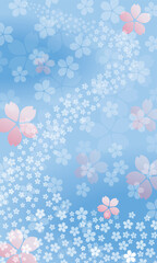 春のイメージの桜のイラスト背景　桜吹雪　花満開　花の川　ブルー　バックグラウンド