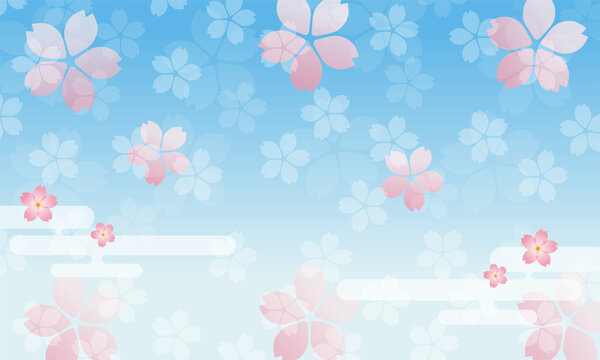 和風の春のイメージの桜のイラスト背景　ブルー　桜吹雪　花満開バックグラウンド