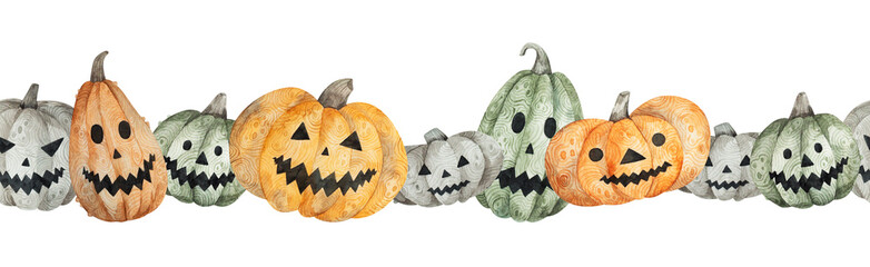Watercolor seamless border with Halloween pumpkins
