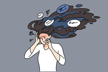 Unhappy stressed woman with paranoid thoughts in mind. Upset distressed girl suffer from panic stressful ideas, have psychological mental problems. Counseling concept. Vector illustration.  - obrazy, fototapety, plakaty
