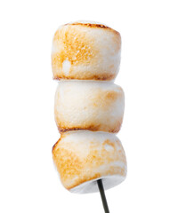 Grilled marshmallows on sticks isolated on white