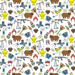 Seamless pattern on the theme of travel in the country of Russia, colored cartoon icons  on a white background