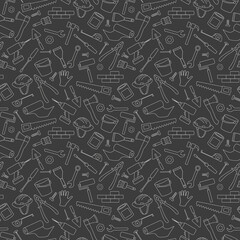 Seamless background on the topic of construction and repair, construction equipment, simple contour icons, light contour on a dark background