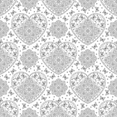 Seamless pattern with dark contour hearts, butterflies and flowers on a white background