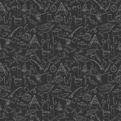 Seamless pattern on the theme of fishing, a light simple hand-drawn contour icons on a dark background