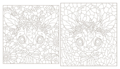 Naklejka premium A set of contour illustrations in the style of stained glass with cute portraits of deer, dark contours on a white background