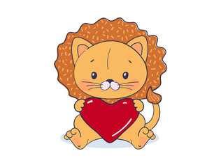 A cute little lion cub is hugging a big red heart. Flat cartoon illustration. Vector isolated on white background.