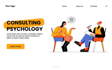 Consulting psychology landing page. Anxious woman client talk with psychologist of problems. Professional doctor help to patient solve issues during private session, Line art flat vector illustration