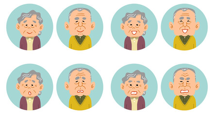 高齢者のカップルの4種類の表情と上半身のアイコン
