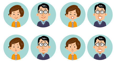 夫婦の4種類の表情と上半身のアイコン
