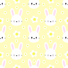 Seamless pattern of cute rabbits on yellow background with flowers. Vector.