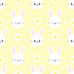 Seamless pattern of cute rabbits on yellow background with flowers. Vector.