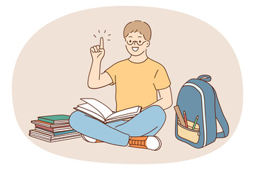 Happy boy in glasses read book get brilliant idea feel motivated. Smiling male student study with textbooks brainstorm generate thought or plan. Education and self-development. Vector illustration. 