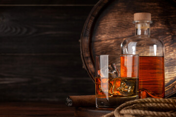 Glass and bottle with cognac