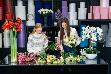 Two young women take orders by phone and make beautiful festive bouquets in a cozy flower shop....
