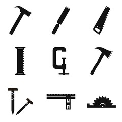Simple Set of carpenter wood shop. Contains such Icons as hammer, chisel, saw, axe, clamp, wooden ruler, and more. Vector icon graphic design template.