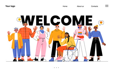 Welcome landing page. Diverse people group, business team, disabled and healthy characters waving hand show greeting gesture. Multinational men and women saying hello, Line art flat vector web banner