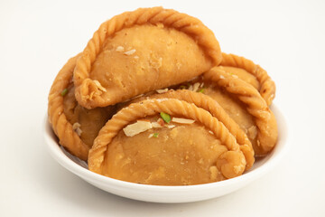 Indian Mithai Gujia Also Called Gujiya, Pirukiya, Pirukia, Pedakiya, Karanji, Basundi Gughra Made Of Suji Ghee Stuffed With Mawa Khoya Chasni Mava Khoa Is Enjoyed On Deepawali, Teez, Holi And Teej