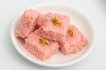 Indian Mithai Rose Kalakand Also Called Pink Gulabi Milk cake Is Milk Based Sweet Made Of Curdled...