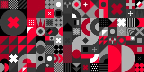 Black And Red Seamless Abstract Vector Bauhaus Swiss Geometric Pattern Art Design Background 