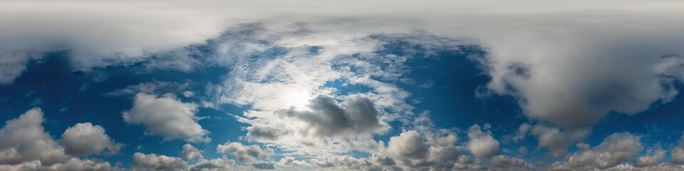 Blue sky panorama with Cirrus clouds in Seamless spherical equirectangular format. Full zenith for use in 3D graphics, game and editing aerial drone 360 degree panoramas for sky replacement.