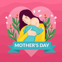 mother's day illustration flat design with mother hugging baby