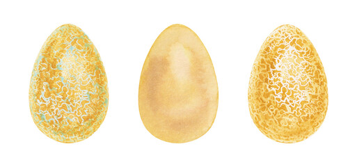 Set of watercolor golden Easter eggs with abstract pattern. Hand painted illustration of spring clipart isolated on white. Artistic hand drawn holiday design elements for happy Easter cards decoration