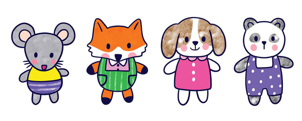 Watercolor cartoon cute little animals,mouse, fox, dog, panda vector set.