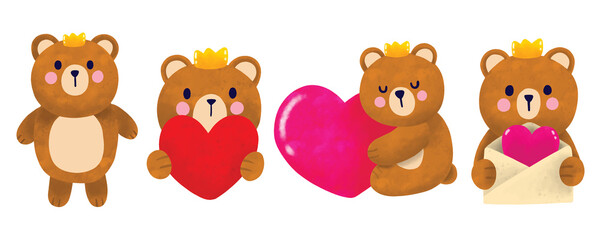 Watercolor cartoon cute bear and big heart vector set.