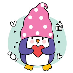 Cartoon cute penguin and little heart doodle vector.