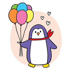 Cartoon cute penguin and colorful balloon vector.