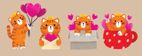 Watercolor cartoon cute cat and many heart vector set.
