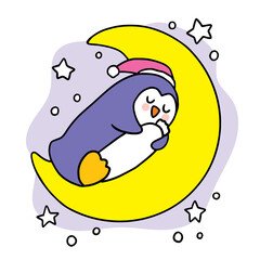 Cartoon cute penguin sleep on the moon vector.