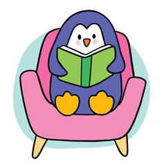 Cartoon cute penguin reading book on sofa vector.