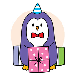 Cartoon cute penguin and gifts vector.