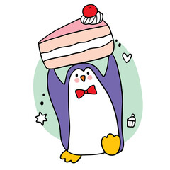 Cartoon cute penguin and big cake vector.