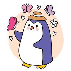 Cartoon cute penguin and butterfly vector.