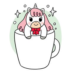 Cartoon cute unicorn in big cup coffee vector.