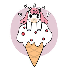 Cartoon cute unicorn and big ice cream vector.
