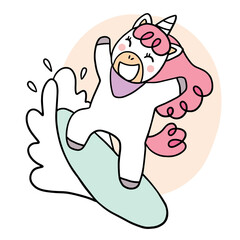 Cartoon cute unicorn surfing in summer vector.