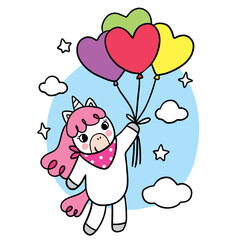 Cartoon cute unicorn and colorful balloon vector.