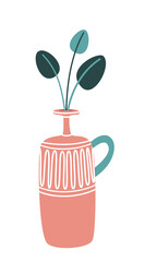 Home plant in vase or flower pot. Hygge style, urban jungle decor, vector flat illustration, isolated, cartoon.
