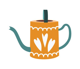 yellow cute watering can for flowers with a green handle and hearts