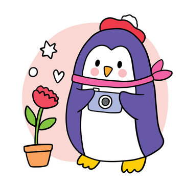 Cartoon cute penguin take a photo flower vector.