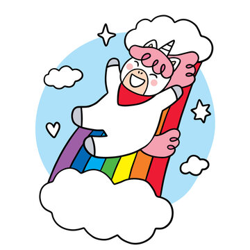 Cartoon cute unicorn sild on rainbow vector.