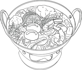 Traditional Thai food for printing on wallpaper.Vector of Tom yum kung soup illustration.Asian food.Hand drawn asian food on white isolated background.Thai food recipe instant pot illustration.