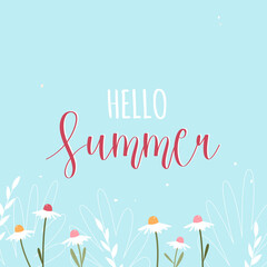 Hello summer. Blue banner with summer and spring flowers