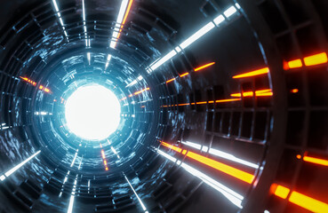 Moving light beams in sci-fi tunnel.,digital background.,3d model and illustration.