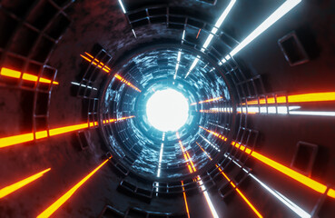 Moving light beams in sci-fi tunnel.,digital background.,3d model and illustration.